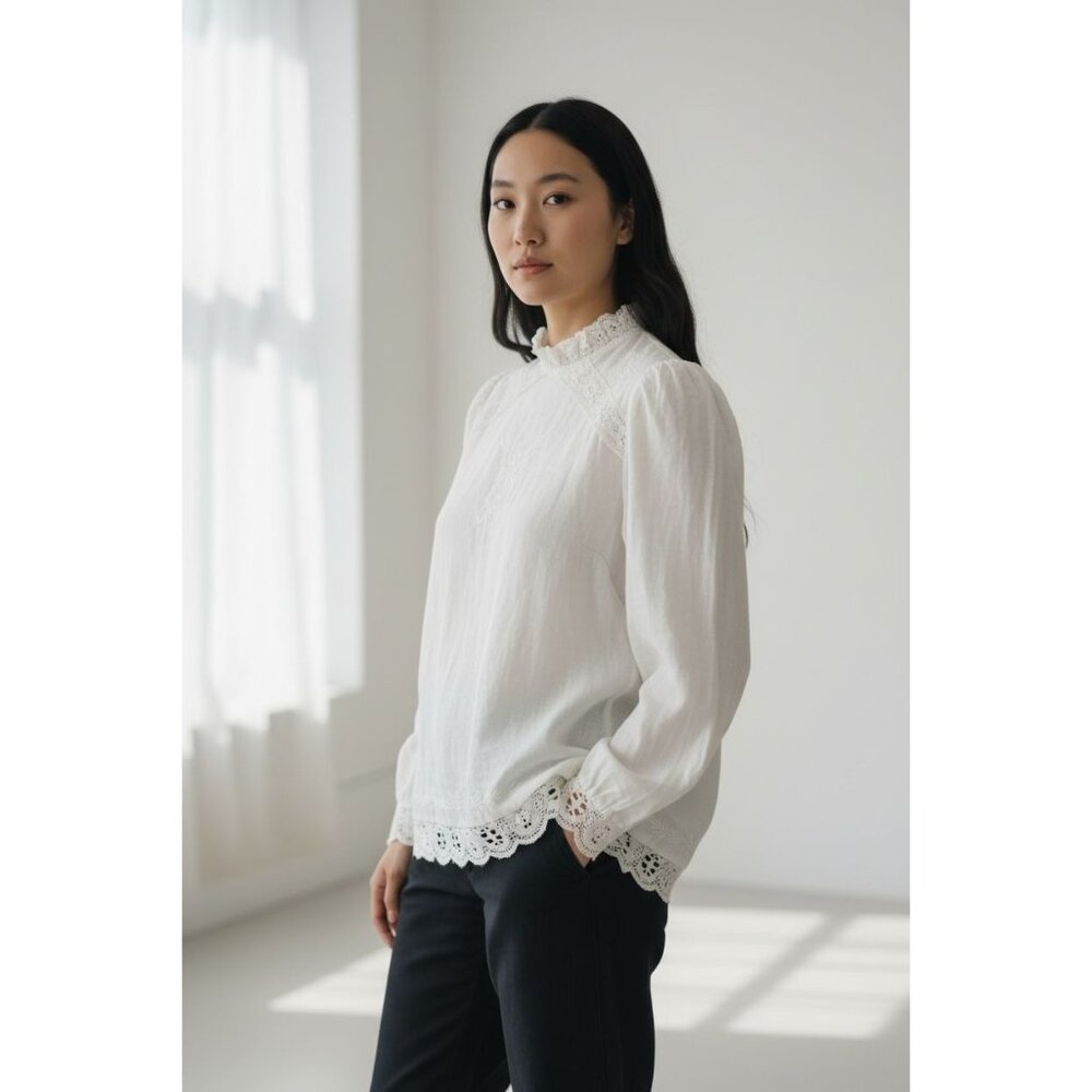 Zara S White Lace Embellished Victorian Blouse Lace Ruffle High Neck Long Sleeve